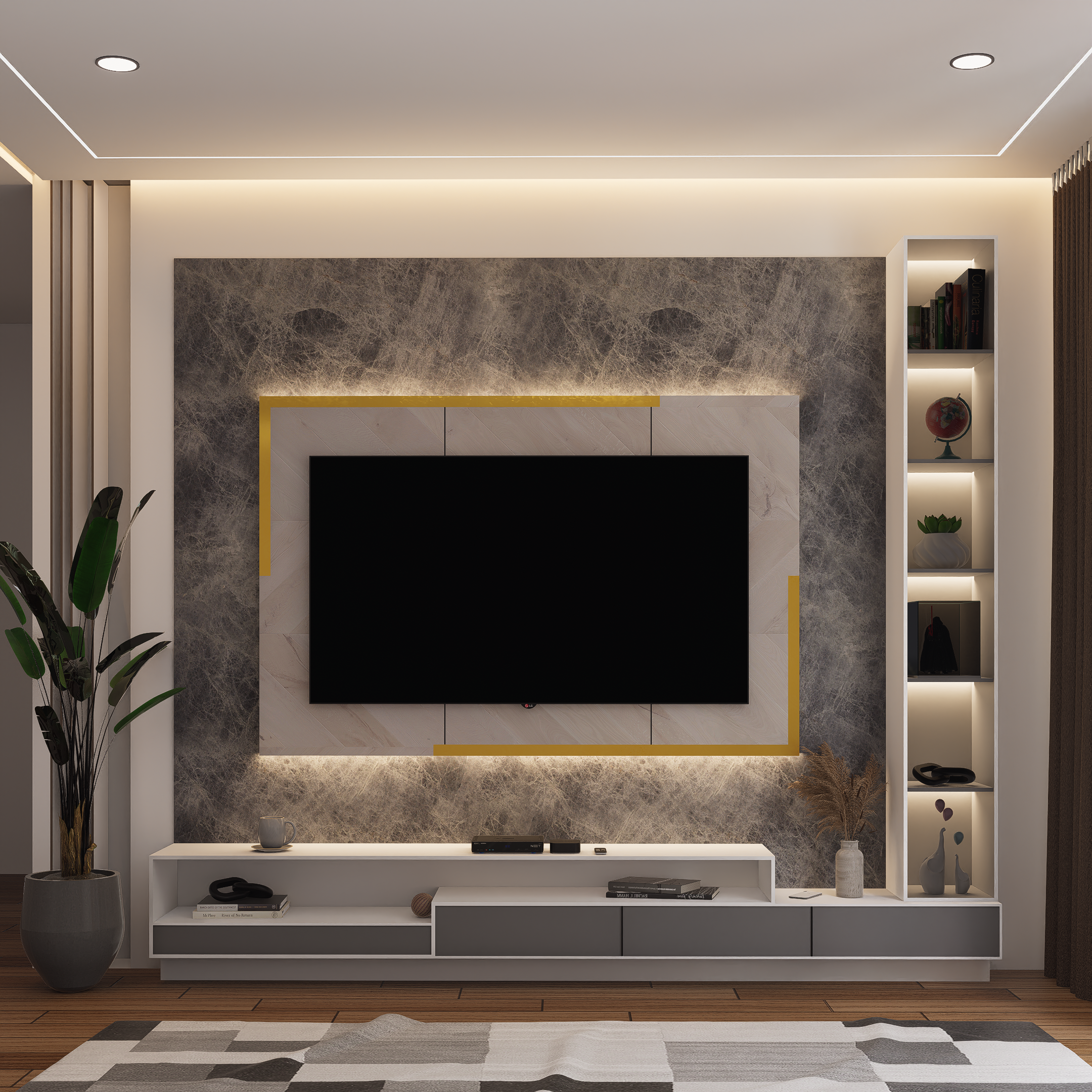 Contemporary living room with LED-lit TV wall, shelves, and decor.